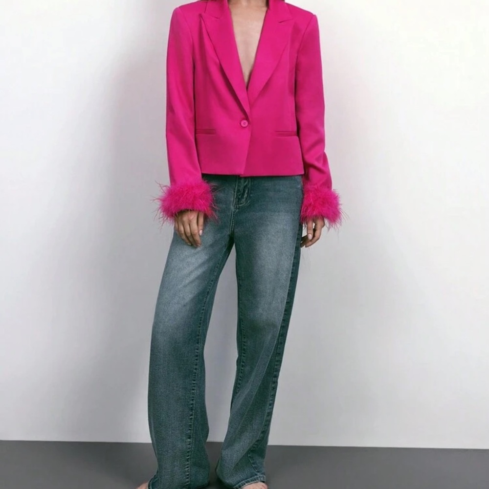 Vibrant Pink Blazer with Feather Cuffs